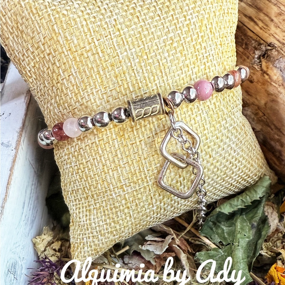 Alquimia Rose Quartz and rhodonite and Silver Charm Bracelet